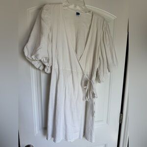 Old Navy Cream Wrap Dress XL Puff Sleeve Tie Waist NWT